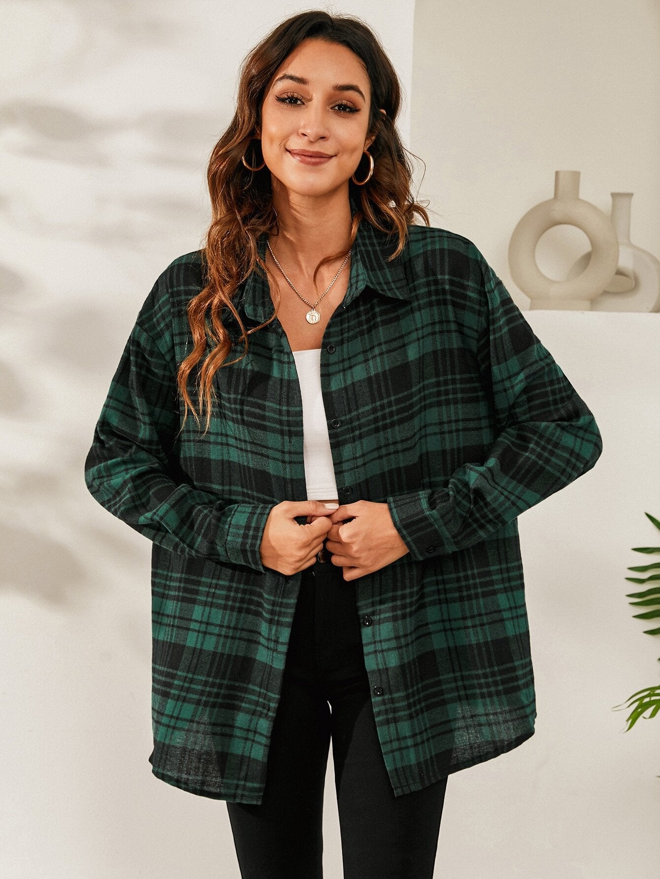 SHEIN LUNE Plaid Print Drop Shoulder Shirt