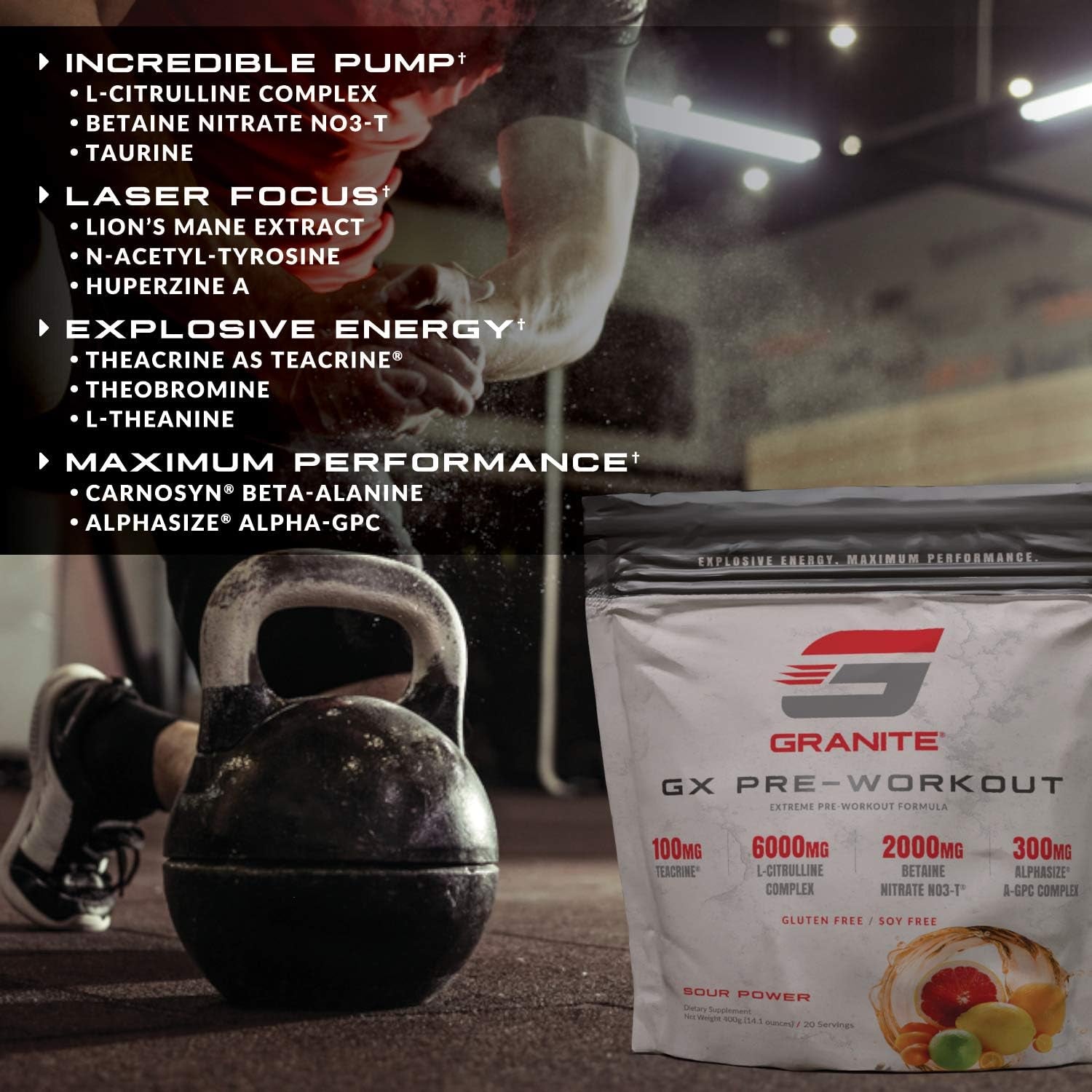 Granite® GX Pre-Workout Supplement (Sour Power) Advanced Formula for Pump, Focus, Energy, Performance | Citrulline, Taurine, Lions Mane, Tyrosine, Teacrine, Betaine, Carnosyn, Creatine | Vegan, USA