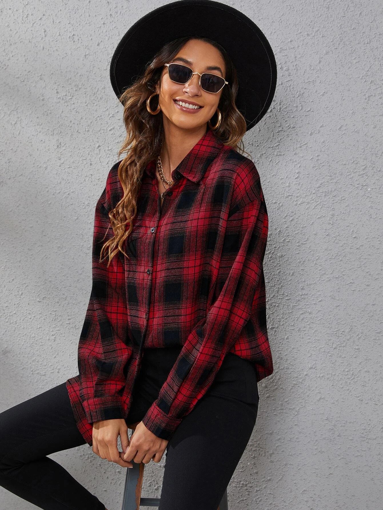 SHEIN LUNE Plaid Print Drop Shoulder Shirt