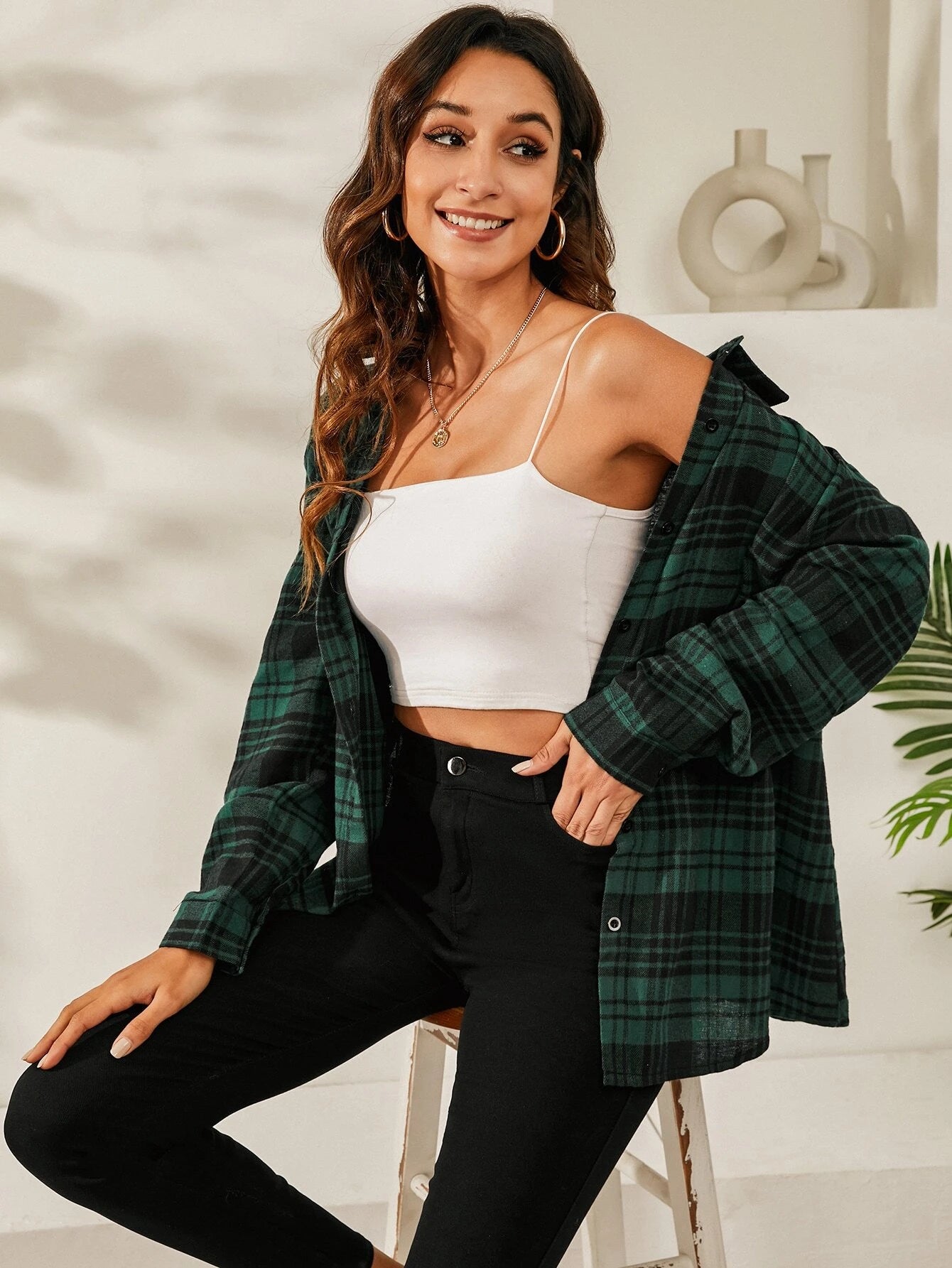 SHEIN LUNE Plaid Print Drop Shoulder Shirt