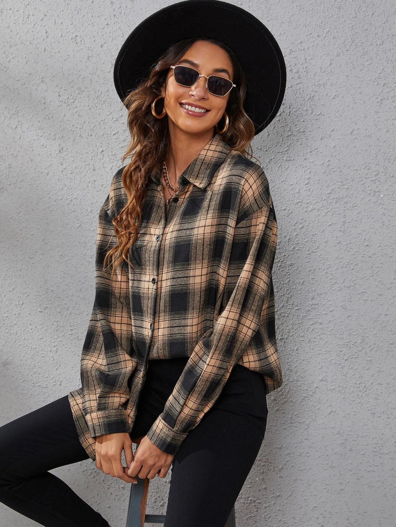 SHEIN LUNE Plaid Print Drop Shoulder Shirt