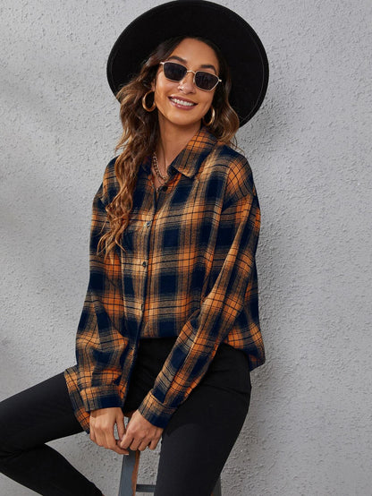 SHEIN LUNE Plaid Print Drop Shoulder Shirt