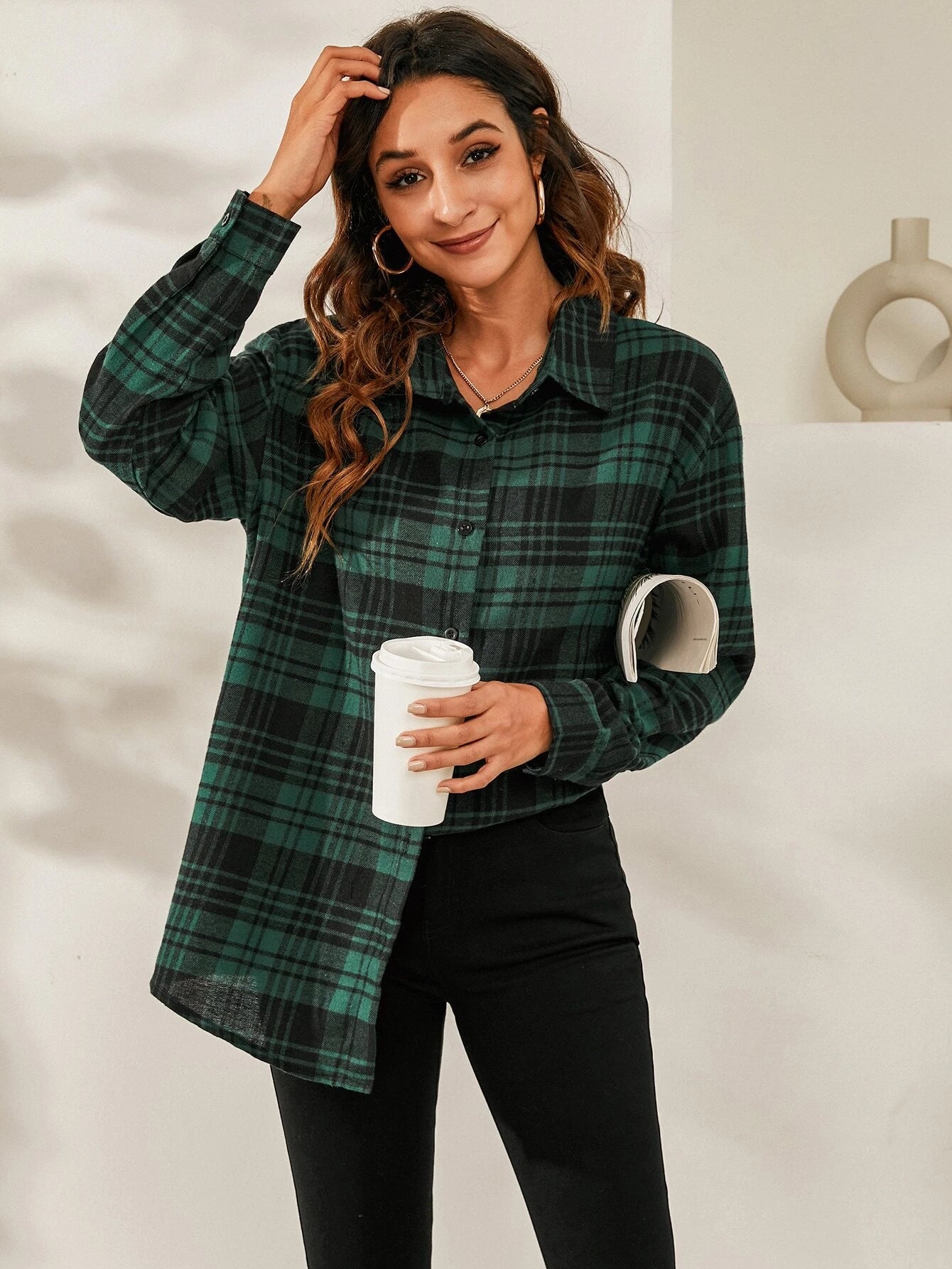 SHEIN LUNE Plaid Print Drop Shoulder Shirt