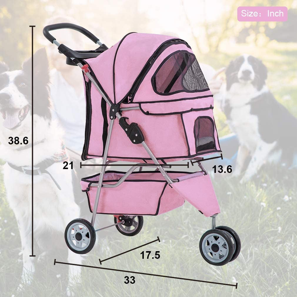 3 Wheels Pet Stroller Dog Stroller Cat Cage Jogger Stroller Cats Travel Folding Carrier Waterproof Puppy Stroller with Cup Holder & Removable Liner (Pink)