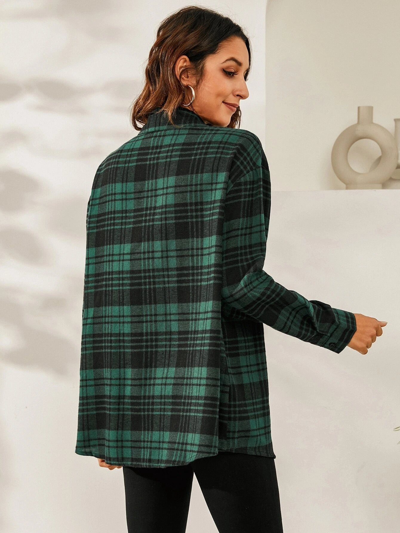 SHEIN LUNE Plaid Print Drop Shoulder Shirt