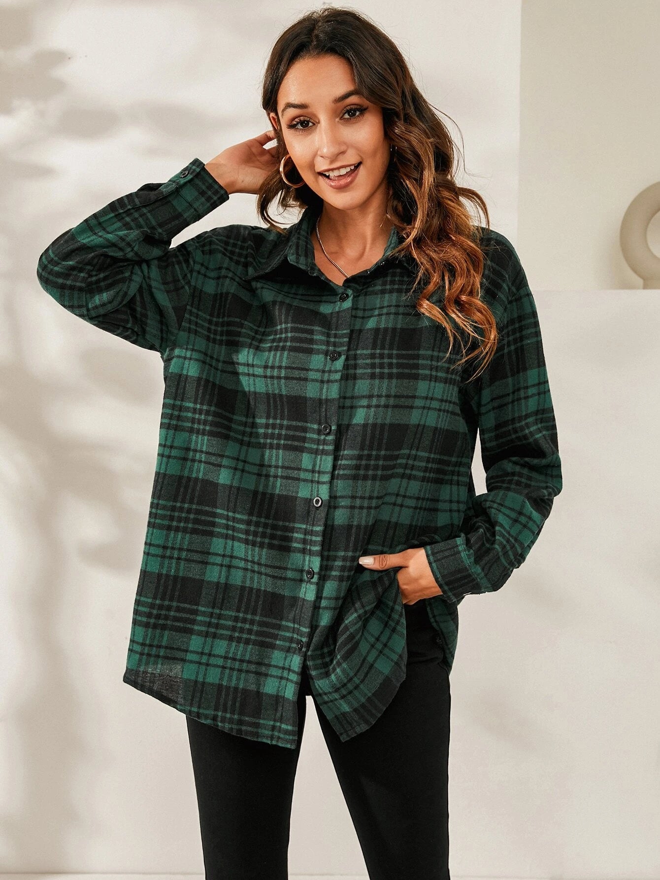 SHEIN LUNE Plaid Print Drop Shoulder Shirt