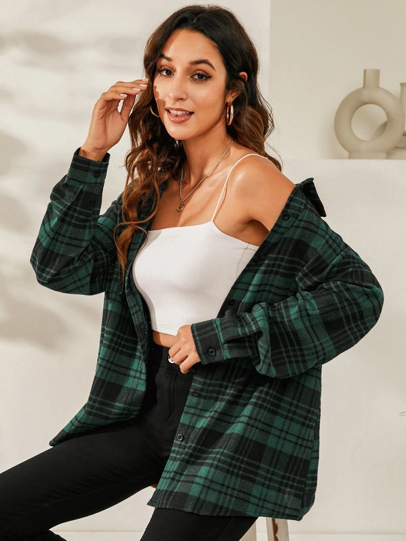 SHEIN LUNE Plaid Print Drop Shoulder Shirt