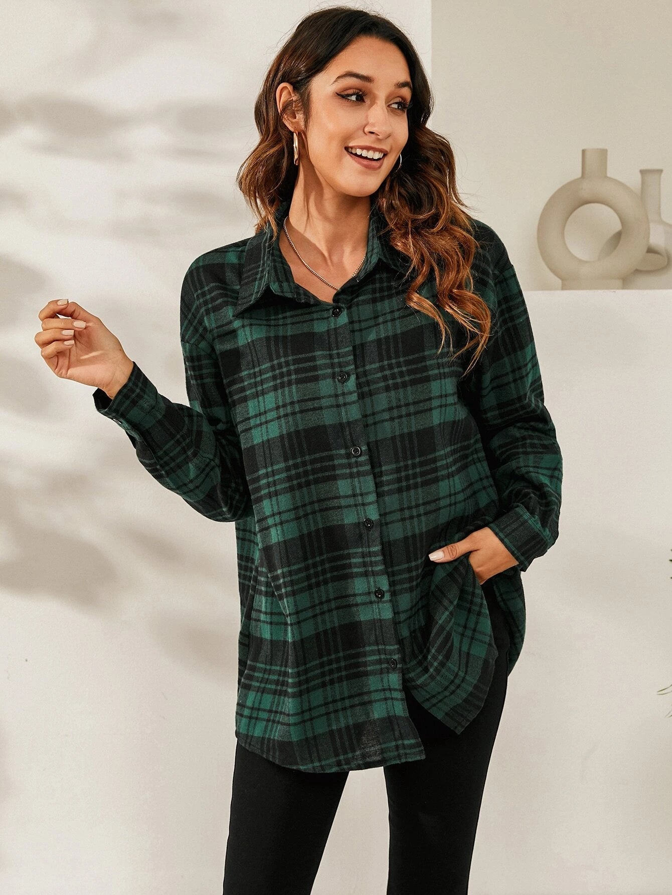 SHEIN LUNE Plaid Print Drop Shoulder Shirt